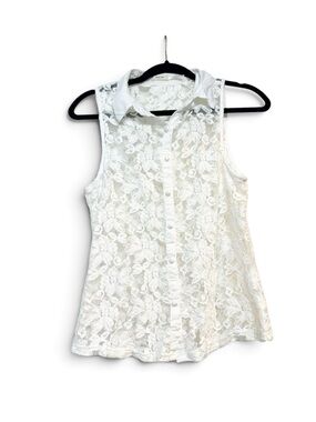 Poetry White Sleeveless Lace Button-Down Shirt